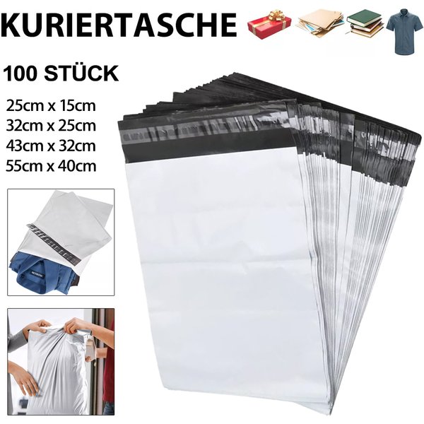 100Pcs Plastic Express Envelopes with Self-Adhesive Seal, 25x15cm/32x25cm/43x32cm/55x40cm, Waterproof Shipping Bags, Courier Storage Pouches, for Document Clothing Small Items Packaging, Tear