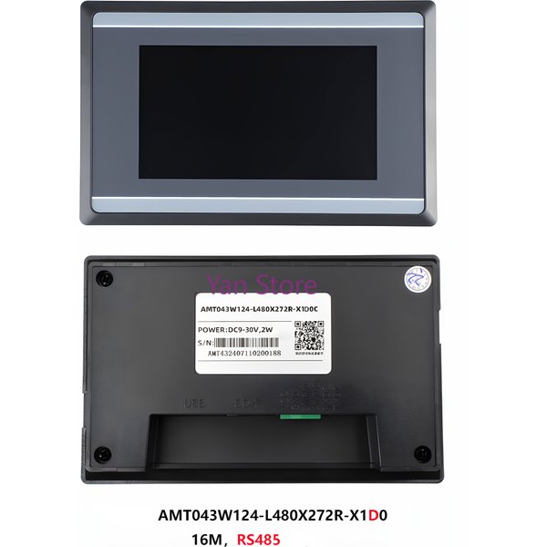 4,3-calowy ekran dotykowy HMI serii AMT043 do przemysłowych sterowników PLC, procesor ARM9, 16M, RS232/RS485, DC9–30V