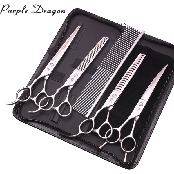 Purple Dragon Left-Hand 7" Japan 440C Dog Grooming Scissors Chunker Cutting Scissors Thinning Shears Pet Curved Scissors Z3006