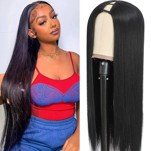 Perruques en cheveux humains lisses de couleur naturelle en V, cheveux Remy brésiliens, sans laissage de cheveux, perruques fabriquées à la machine, densité 220.