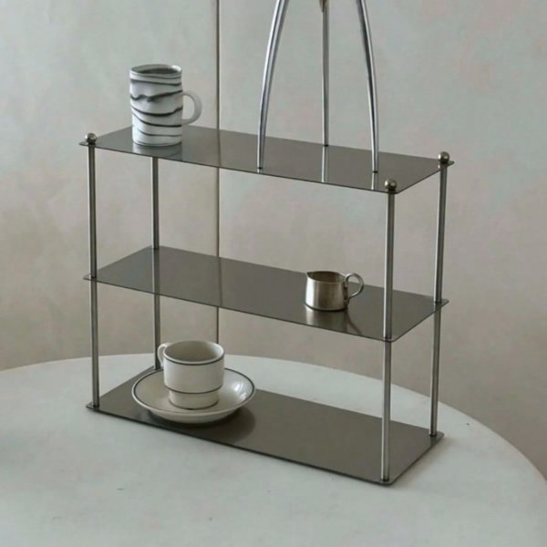 Étagère moderne en acier inoxydable à 2/3 niveaux, support de rangement minimaliste pour tasses, cosmétiques et accessoires de cuisine.