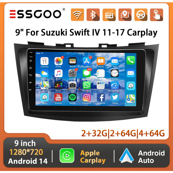 ESSGOO 9" HD Touchscreen für Suzuki Swift 4 Ertiga 2011–2017 Android 14 2-DIN Autoradio Multimedia Video Player GPS Navigation CarPlay Android Auto FM BT RDS WiFi SWC Mirror Link