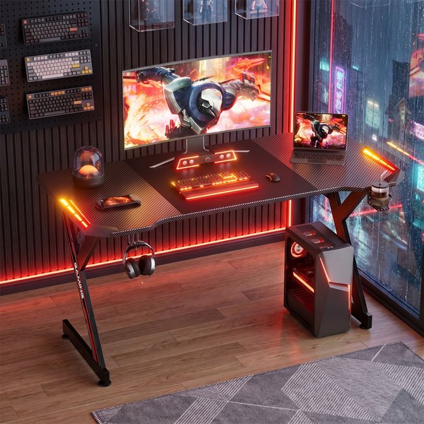 Gaming Desk with RGB LED Lights, Carbon Fiber Surface Gaming Table, Y‑Shaped Game Computer Desk with Cup Holder & Headphone Hook, Adjustable Leveling Feet for Home Office Gaming Room
