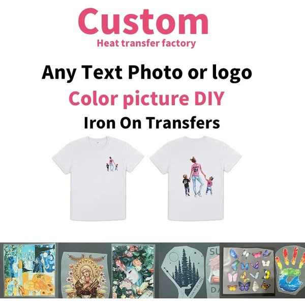 Custom Logo or Picture Iron On Heat transfer Stickers For Clothing DIY Washable T-Shirts Thermal Patch DTF Colorful Vinyl