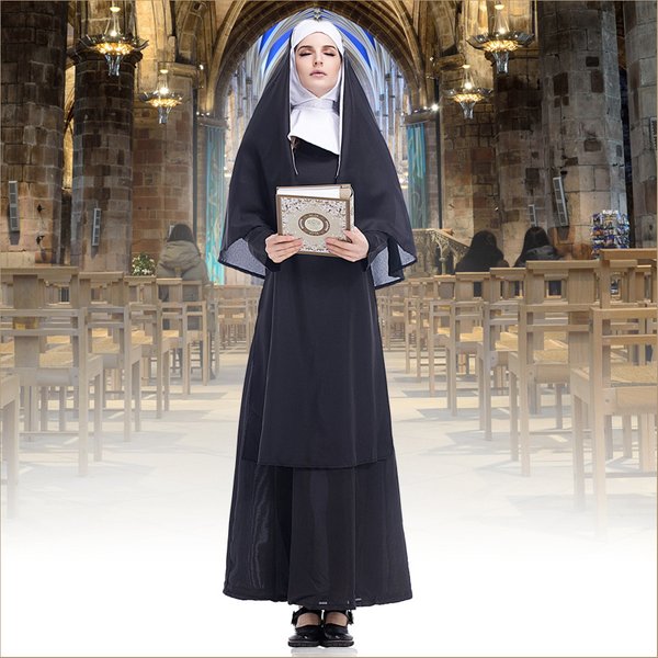 1PC Erwachsene Frauen Traditionelle Nonnen Kostüme Schwarz Robe Religiöse Katholische Priester Schwester Kleidung Cosplay Party Kleid