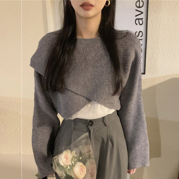 Pullover court avec croix irrégulière pour femme, pulls à manches longues, pull côtelé, Y2K Y-Women, Streetwear d'automne et d'hiver, 22933