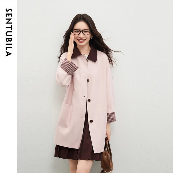 Manteau Trench Femme SENTUBILA Printemps Automne 2026 en Lyocell et Coton, Style Utilitaire, Blocs de Couleurs, Motif Écossais, Vêtement d'extérieur pour Dames 161FB5947