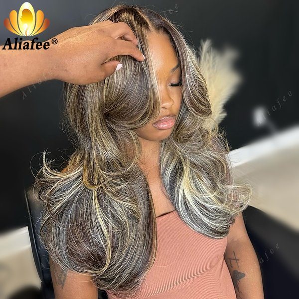 Balayage-Perruque Lace Front Wig naturelle, cheveux humains, 13x6, 13x4, à reflets blonds et bruns 180%, pour femmes