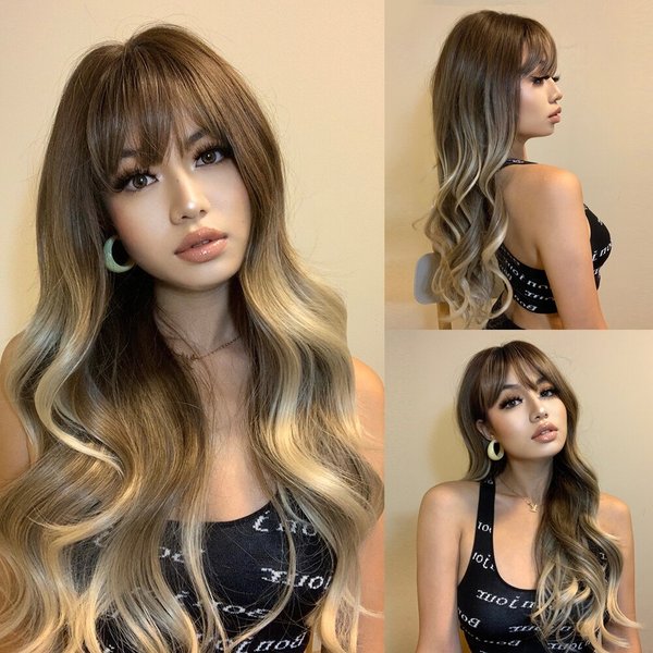 Lange Ombre Braun Blonde Synthetische Perücken mit Pony für Frauen Natürliches Wasserwellenhaar Hitzebeständige tägliche Cosplay Braune Perücken