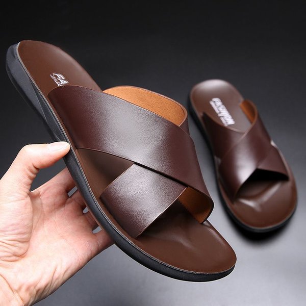 Sandales en cuir véritable pour hommes, pantoufles de luxe, chaussures plates décontractées, antidérapantes, sandales de plage pour hommes, Zapatos Hombre