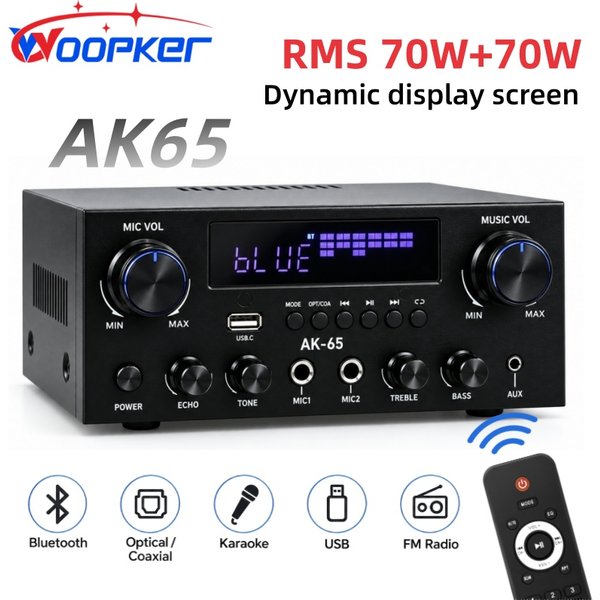 Woopker AK65 2-Channel Stereo Amplifier 70W+70W Bluetooth AMP with Dynamic LED Display Dual MIC Karaoke Control for Home Audio