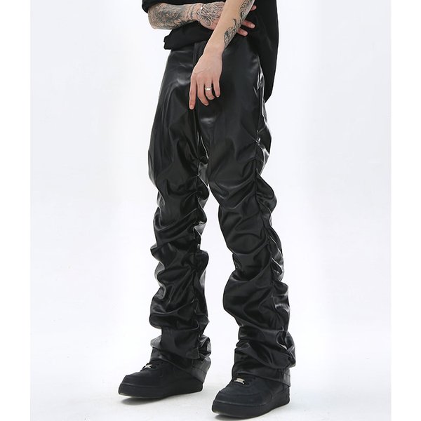 Hip Hop hommes plissé Pu cuir pantalon Harajuku rétro Streetwear ample froncé pantalon décontracté droit couleur unie noir pantalon