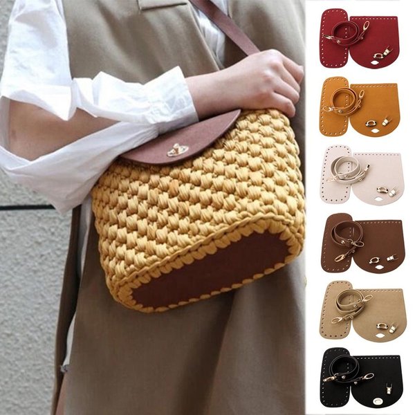 3 teile/satz Kunstleder Umhängetasche Boden riemen gewebte Tasche Set Schulter gurt Häkel tasche hand gefertigte Tasche Rucksack Zubehör