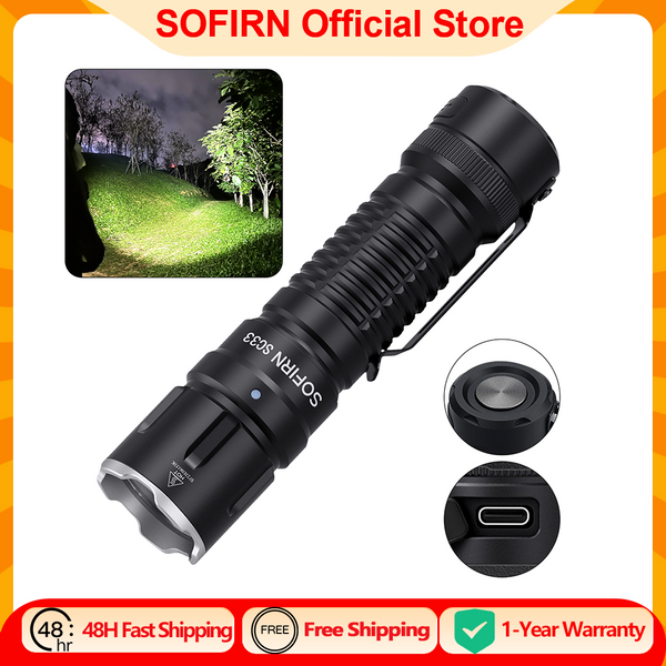 Sofirn SC33 5200 lumen LED torche XHP70.3 HI torche tactique Puissante torche rechargeable 21700 USB C avec interrupteur arrière E éclairage externe, puissante torche pour la chasse, la police, la