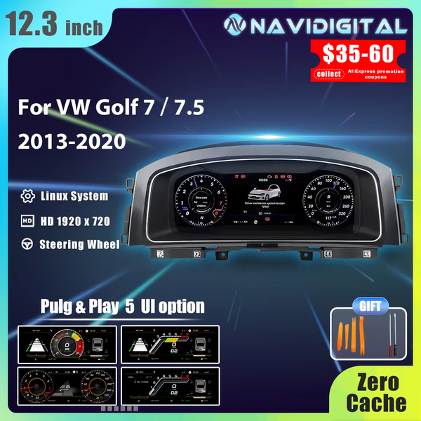 12,3'' Navidigital Dashboard-Cluster für VW Golf 7 MK7 2013-2020, unterstützt HDMI, Carplay, Radio, Instrumententafel, Cockpit