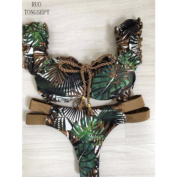 RUOTONGSEPT Nouveau Maillot de Bain Push-Up 2026 pour Femme, Ensemble Bikini à Volants, Maillot de Bain Sexy Brésilien Côtelé, Tenue de Plage