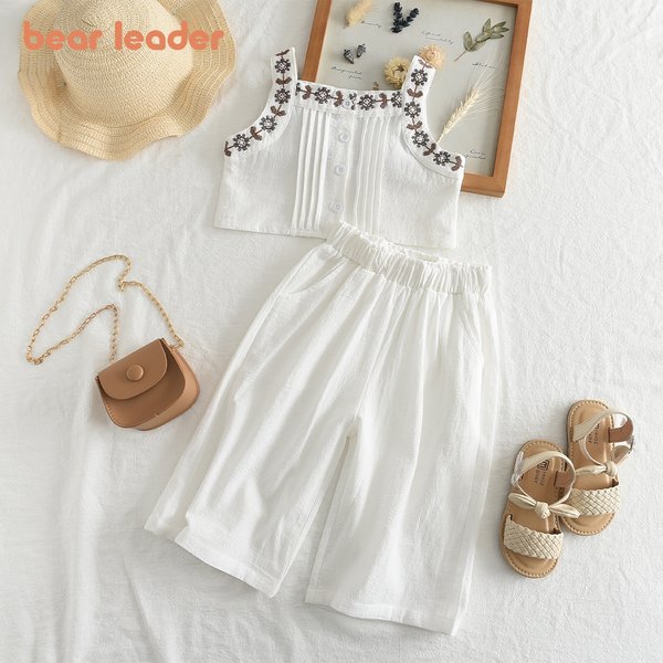 Bear Leader Baby Girls Sets Casual Summer Embroidery Kids Girls Clothes Vest Tops+Wide Leg Pants Outfits Casual Kids Suits 2PCS