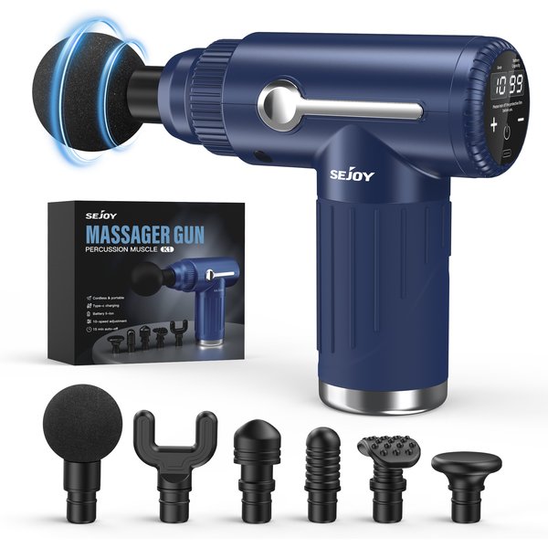 Sejoy Tragbare Faszienpistole, Vibrationsmassagegerät, 10 Geschwindigkeiten, 6 Köpfe für Körper, Nacken, Rücken, tiefe Muskelentspannung, Fitness