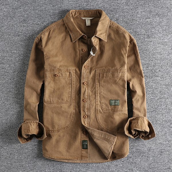 Chemise délavée lourde pour hommes, style robuste, vieux travail, style cargo américain, décontracté, polyvalent, manches longues, veste, 03