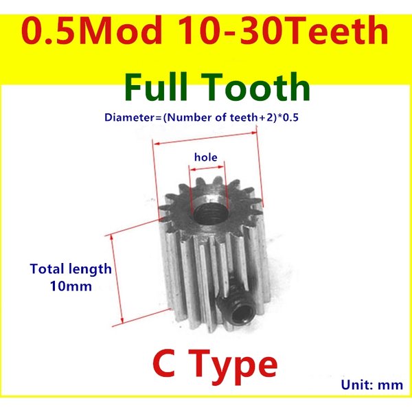 1 pièce Engrenage droit cylindrique de précision en acier au carbone 4OCr, module 0.5, 10T 15T 25T, Accessoires de transmission, Type C 0.5m