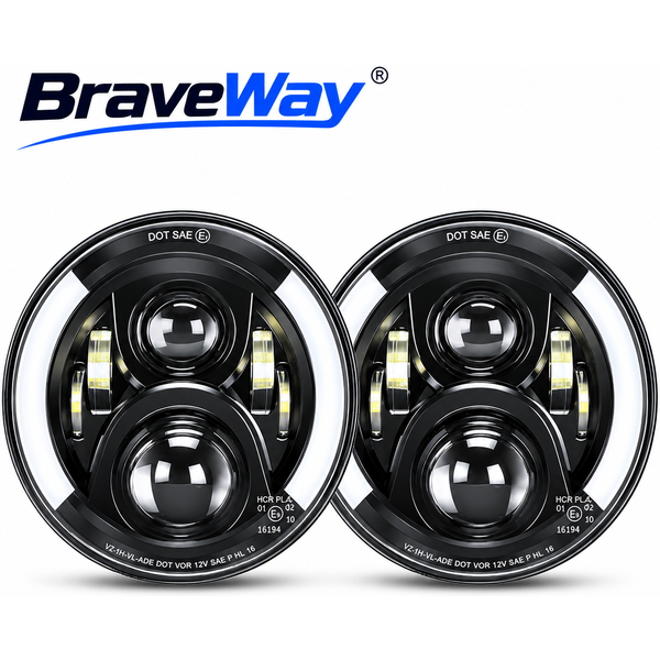 Braveway 7-Zoll-H6024-Rund-LED-Scheinwerfer, DOT-zertifiziert, mit Tagfahrlicht (DRL), 2 Stück, für Wrangler JK TJ CJ, Tagfahrlicht und gelbes Blinklicht, einfache Installation für Wrangler-Serien,
