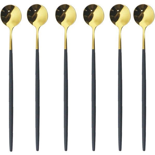 Cuillère à glace pour Dessert, café, thé, ensemble de cuillères longues en acier inoxydable, cuillères à remuer, cuillères à Dessert en or noir, accessoires de Bar 6 pièces