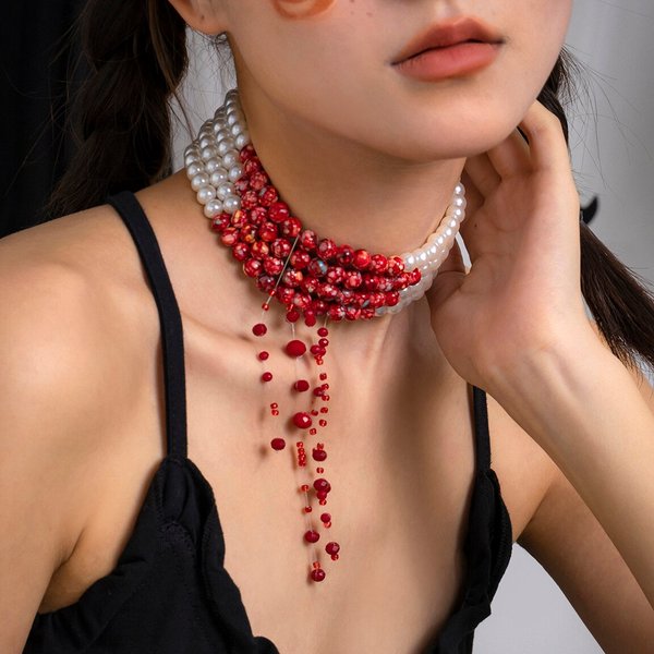 Kreative goth rote blutmuster imitation-perlen kette kette frauen hochzeit braut punk quaste perlen anhänger halloween schmuck