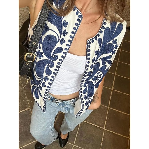HH Frau Abgeschnitten Blume Stickerei Weste Vintage V-ausschnitt Ärmellose Strickjacke Weste Hemd Chic Tops Sommer frauen Kleidung