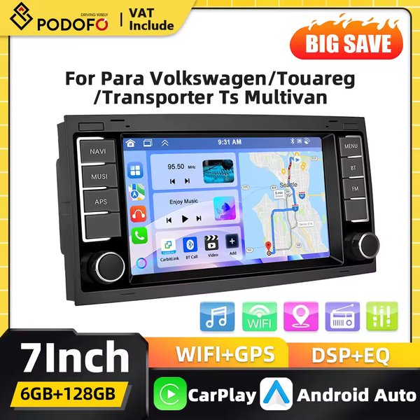 Radio samochodowe Podofo 6G+218G 2Din Carplay do VW Touareg Transporter Ts Multivan Android Auto GPS Mirror Link FM RDS USB Bluetooth
