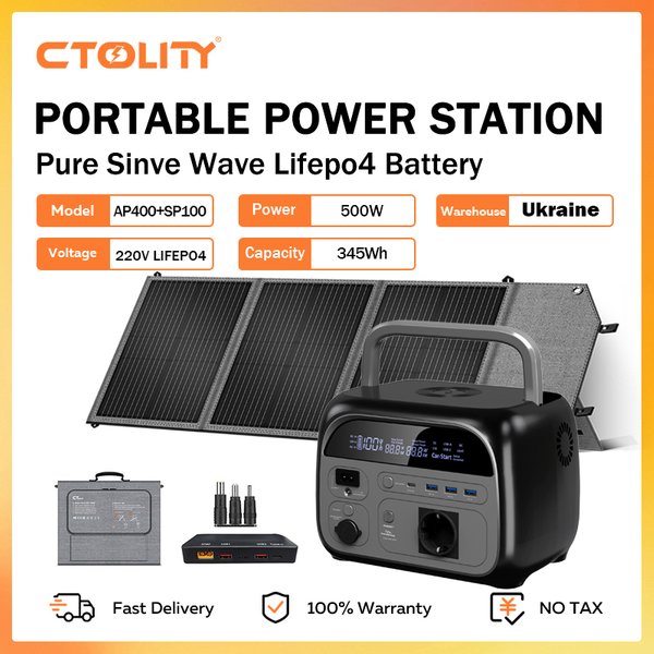 CTOLITY 500W Tragbare Powerstation 345Wh LiFePO4-Batterie Solargenerator mit 100W Solarpanel Notfall-Energiespeicher