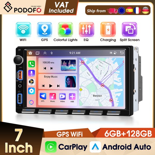 Podofo 7'' Android 6+128G Autoradio IPS-Bildschirm Android Multimedia-Player WIFI GPS FM RDS EQ Auto-Musikplayer Carplay Android Auto