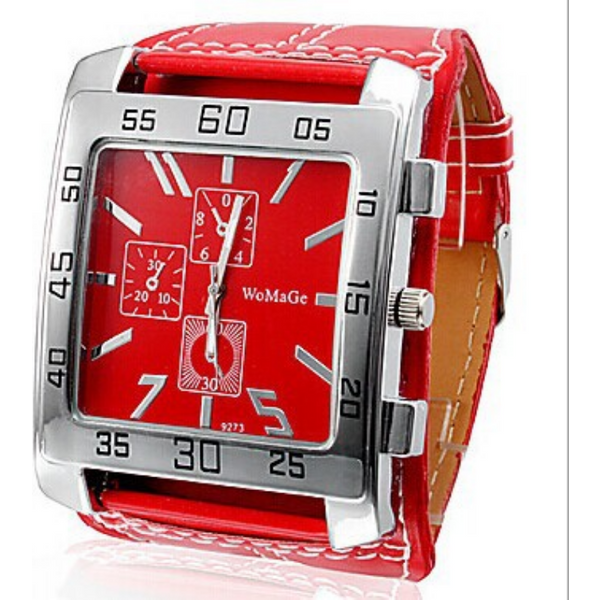Reloj Mujer-Montre carrée pour femmes, rouge, grand visage, large bracelet, quartz, décontracté, dames