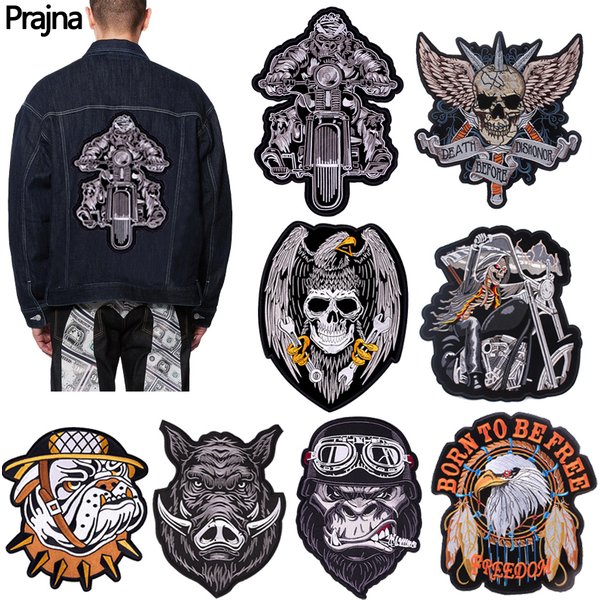 Punk Große Patch Motorrad Biker Stickerei Patch Eisen Auf Patches Für Kleidung Schädel Zurück Gestickte Patches Auf Kleidung DIY