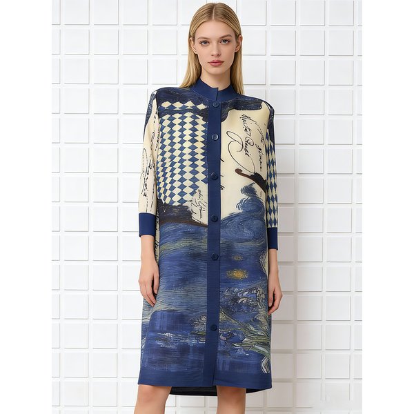Robe chemise plissée imprimée contrastée Miyake pour femme, col à revers, simple boutonnage, manches 3/4, cardigan de haute qualité