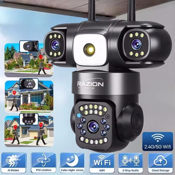 Kamera zewnętrzna 15MP z Wi-Fi, 8K HD, trzy obiektywy, kamera bezpieczeństwa 5G i 2.4G WiFi, kamera IP PTZ, obiektyw z 10-krotnym zoomem cyfrowym, kolorowy tryb nocny, dwukierunkowe audio,