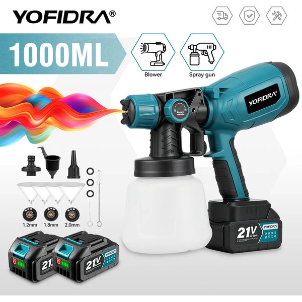 YOFIDRA 1000ML Elektrische Spritzpistole Kabellose Sprühgerät für Zuhause Auto Möbel Stahlbeschichtung Airbrush für Makita 21V Akku