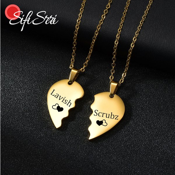 Sifisrri-Collier avec pendentif demi-cœur pour femme et homme, acier inoxydable, nom gravé personnalisé, cadeau de bijoux de la journée du Léon, 1 paire