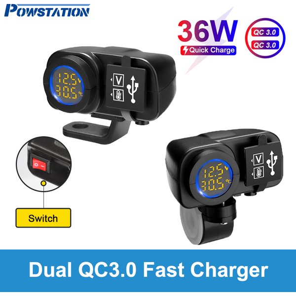 Powstation QC3.0 Motorcycle USB Charger Waterproof Cell Quick Charger Autocycle USB Socket With Voltmeter Motorcycle Accessories
