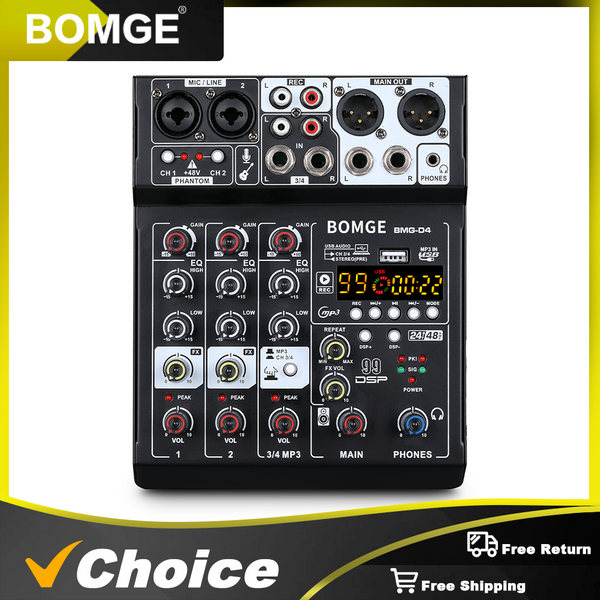 BOMGE D-4 Audio Mixer 4 Channel Mini Mixer with 99 DSP Reverb Effects, Metal, for Karaoke, Podcasting, Live Broadcasting
