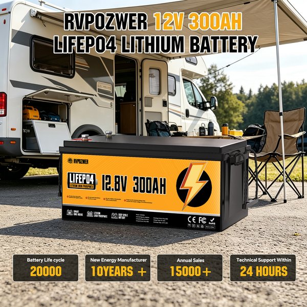 RVPOZWER LiFePO4 Batterie 12V 300Ah 3840WH mit Smart BMS 15000 Zyklen Tragbarer Akku für Heimenergie, Wohnmobile und Trolling-Motoren