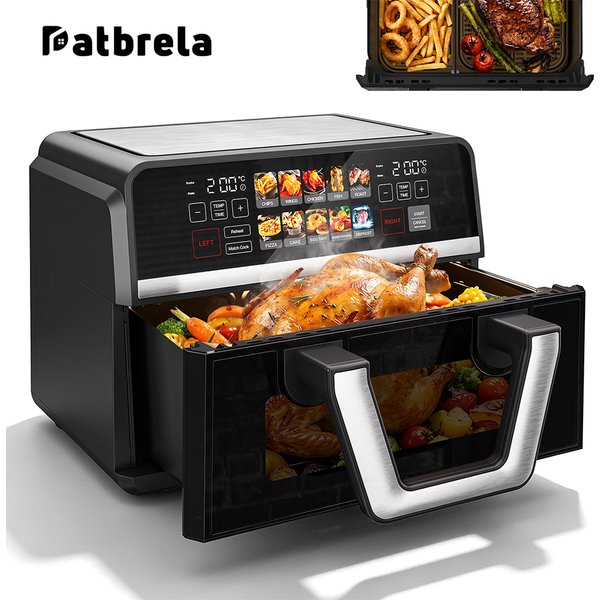 Patbrela 10L Doppelkorb-Heißluftfritteuse, XXL Große Fettfreie Fritteuse mit Abnehmbarem Trenner | 3L+7L Unabhängige Zonen, Koch- und Aufwärmfunktion, Ölfreier Heißluftfritteuse-Ofen für die