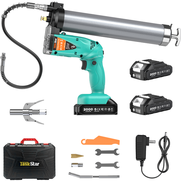 TaskStar Verbesserte 2-in-1 Elektrische Fettpresse mit 99,8 cm Flexiblem Schlauch & Doppelgriff-Kupplung & 2 2,0Ah Akkus 10000 PSI 4,5 oz./min