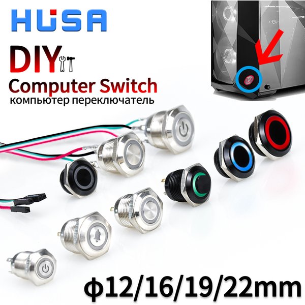 12/16/19/22 mm PC-LED-Computer-Host-Netzschalter, Metall-Druckknopfschalter zum Selbstaufbau mit 60 cm Kabel, Motherboard-Kabel, Weiß/Blau/Gelb/Rot