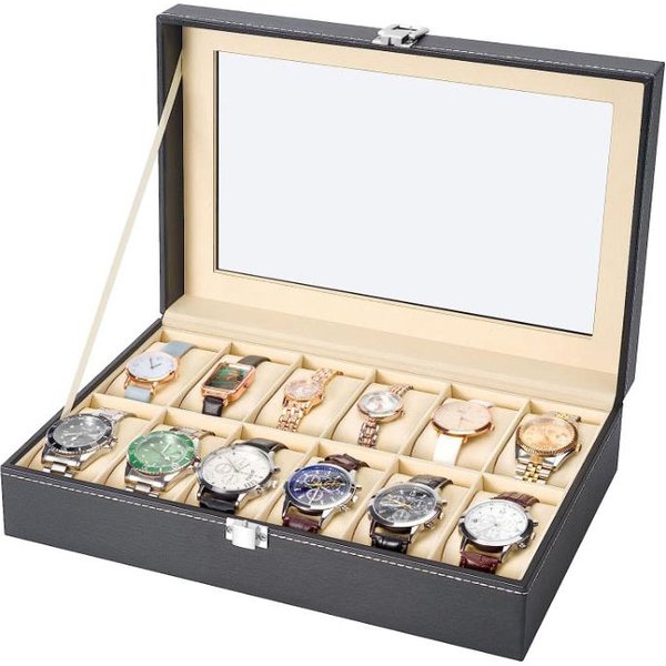 12 Slot PU Leather Watch Display Case with Glass Top Jewelry Organizer Watch Box for Stylish Storage And Protection