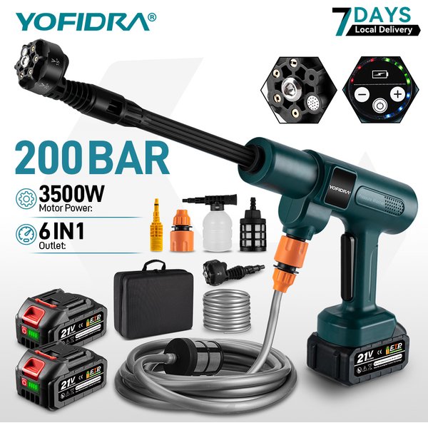 YOFIDRA 200Bar Bürstenloser Hochdruckreiniger Kabellose Elektrische Wasserpistole Tragbare Autowaschpistole Schaumreiniger mit Eimer für Makita 21V Akku