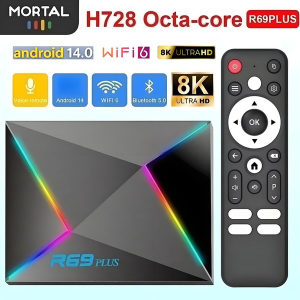 Boîtier TV R69 Plus Android 14 Ultra avec commande vocale HDR10 8K Allwinner H728 Octa Core 1000M LAN WIFI 6 BT5.0 Lecteur multimédia Décodeur