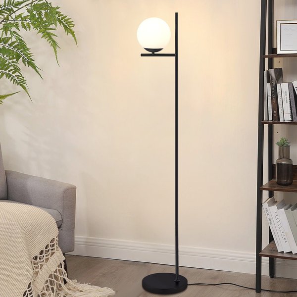 Lampe de sol avec abat-jour en verre blanc laiteux, douille E27 (ampoule non fournie), interrupteur à pédale, idéale pour le salon, le bureau ou la chambre à coucher.