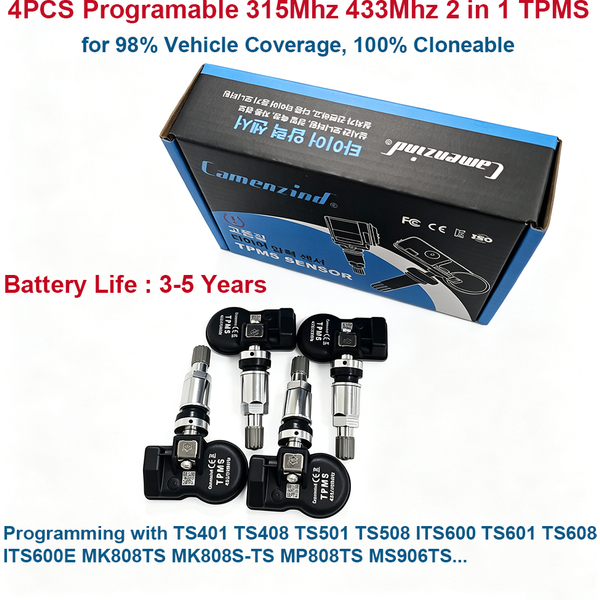 4 Stück programmierbare TPMS-Reifendrucksensoren, universell, 2-in-1, 433 MHz + 315 MHz, unterstützen die Programmierung für Autel-Tools TS401, TS408, TS501, TS508, TS601, TS608, ITS600E, MK808TS,