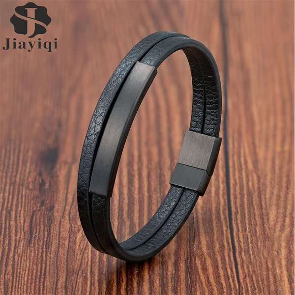 Bracelet en cuir véritable noir pour hommes, Style Simple, classique, insertion en acier inoxydable, Bracelets tressés Double couche, cadeau pour ami