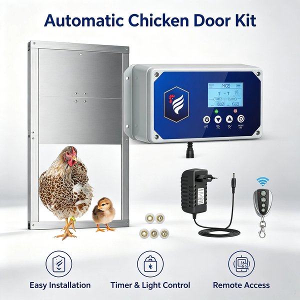 Porte automatique pour poules, ouvre-porte étanche pour poules avec télécommande, porte pour poules fonctionnant sur piles, kit de porte électrique pour poules.